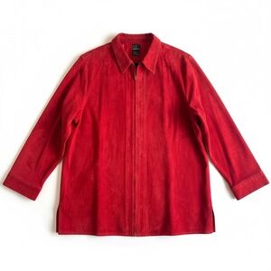 New Frontier Red Suede Leather Jacket Women's Large Zip Front Side Slits